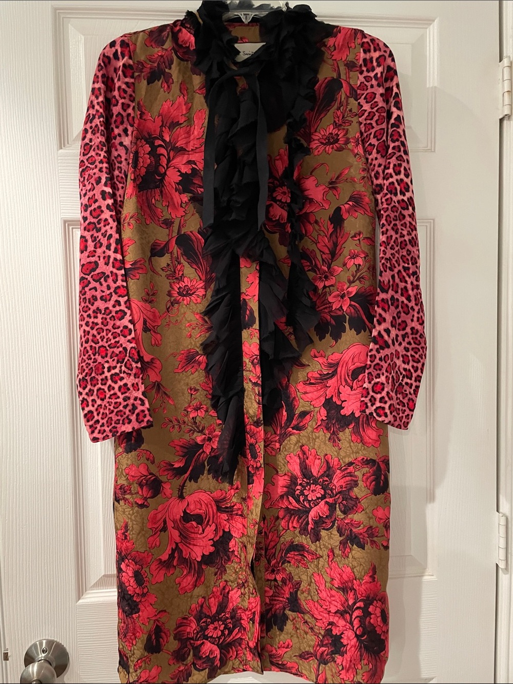 Paul Smith made in Italy Pink & Olive green Floral Dress with Black Ruffle Trim